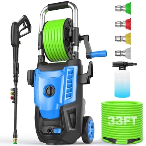 Pressure Cleaner- High Power Cleaner with 33FT Hose Reel, 4 Spray Tips and Soap Bottle for Car Washing, Fence Cleaning, Patio Maintenance（Upgraded）(Blue)