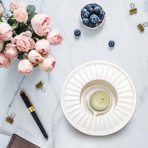 Nagpew Ceramic Teapot Warmer, Gold Rim Teapot Heater with Tealight Holder, White Porcelain Tea Kettle Holder Warming Base for Heating Coffee, Milk, Water, Soup 8