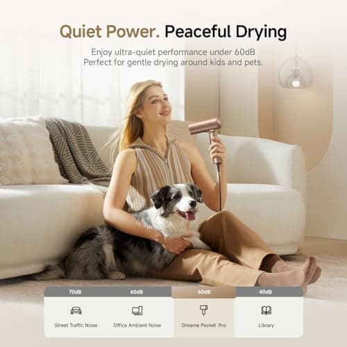 Dreame Pocket Pro Hair Dryer, Dual Voltage Travel Blow Dryer with Diffuser, 1300W Professional HighSpeed Ionic Hair Blower, Fast Drying, Low Noise, Lightweight, No Heat Damage, Global Travel 120V/240V 9