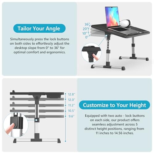 Slendor Laptop Desk Adjustable Laptop Stand Foldable Bed Table Portable Lap Desk Folding Notebook Stand Reading and Writing Holder Breakfast Tray with Drawer and Cooling Fan for Bed Couch Sofa Floor 6