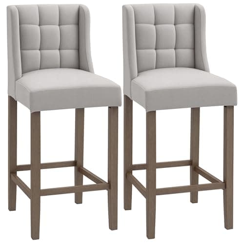 HOMCOM Modern Bar Stools, Tufted Upholstered Barstools, Pub Chairs with Back, Rubber Wood Legs for Kitchen, Dinning Room, Set of 2, Beige