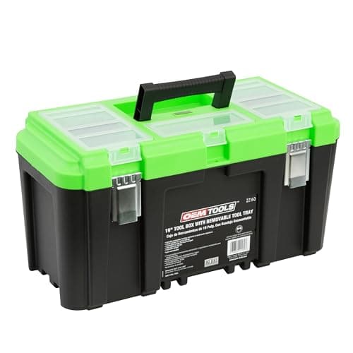 OEMTOOLS 22160 19" Toolbox with Removable Tray, Large Plastic Tool Box With Handle, Multiple Compartment Storage Case With Security Slot for Padlocks, 40 Lbs Maximum Weight