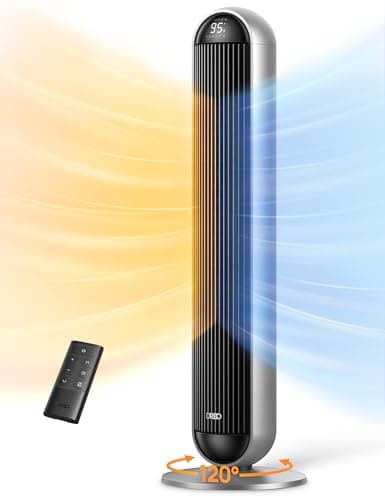 Dreo Tower Fan and Heater Combo, 29.2ft/s Standing Fans for Bedroom, 17 Levels, 6 Modes, 120° Oscillation, 42 Inch, 12H Timer, 25dB Quiet, with Remote, for Office, Large Room, Silver