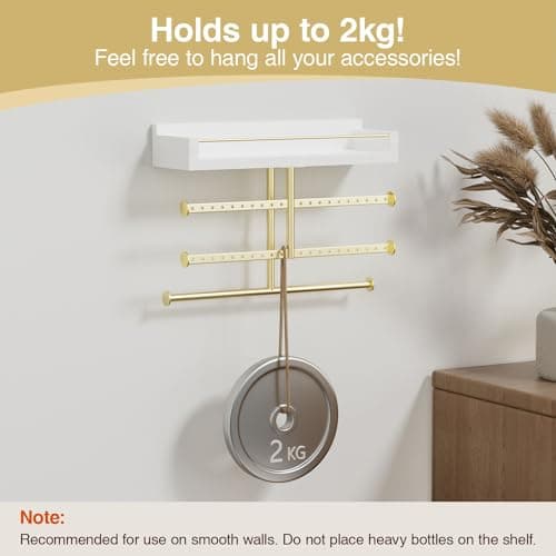 Josmimic Adhesive Wall Jewelry Organizer: 9" Holder for Hanging Necklace, Earring, Bracelet, Gold and White 5