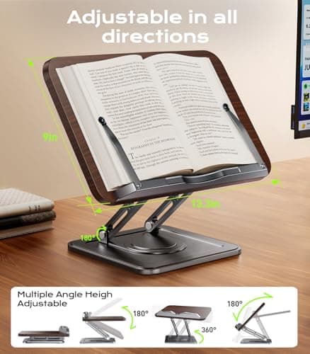 Book Stand for Reading, Adjustable Book Holder with 360°Rotating Bases, Ergonomic Cookbook Stand Recipe Book Holder with Elastic Page Clips for Magazines, Tablets, Laptops,Black 7