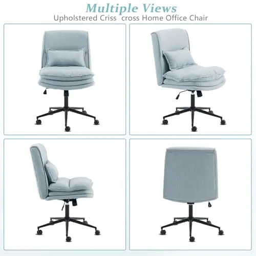 VINGLI Cloud Criss Cross Legged Chair,18" High Back Armless Home Office Desk Chair with Wheels,Wide Adjustable Comfy Padded Seat Task Computer Chair,Modern Swivel Makeup Vanity Chair,Fabric,Blue 8