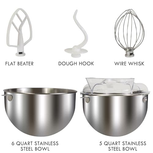 Kenmore Elite 600W Bowl Lift Stand Mixer - Digital 10 Speed Mixing, Electric, Countertop, Heavy Duty, Kitchen Appliance, 5 & 6 Qt Stainless Steel Bowls With Flat Beater, Whisk, Dough Hook Attachments 6
