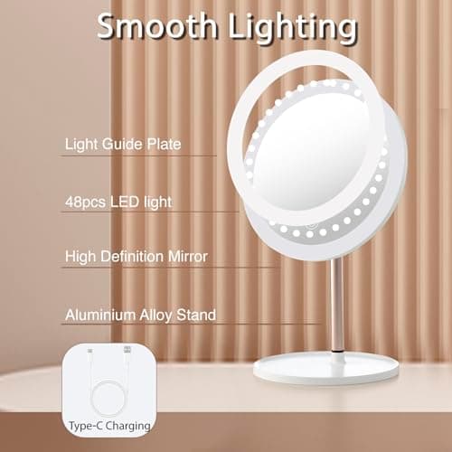 YEAKE Lighted Makeup Mirror,8.5" Large Rechargeable Vanity Mirror with 3 Color Lights,Dimmable Touch Screen, Brightness Adjustable Desk Tabletop Mirror,Portable Table Cosmetic Mirror for Travelling 7