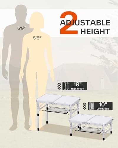 Sportneer Camping Table: Adjustable Height Small Folding Table 23.6" L x 15.7" W 2 Height with Mesh Layer - Compact & Portable Camping Essentials for Outdoor Camp Garden Picnic BBQ Dining Cooking 9