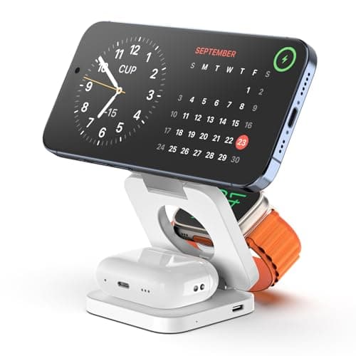 KU XIU Fast Wireless Charger, Magnetic Foldable 3 in 1 Charging Station for iPhone 16/15/14/13/12/Pro/Plus/Pro Max, 5W Portable Charger for Apple Watch9/8/7/6/5/4/3/SE, for Airpods3/2/Pro-White