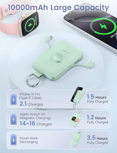 RORRY Portable Charger, 10000mAh PD 20W Fast Charging Portable Charger Power Bank with Built in Cables, Travel Battery Pack for iPhone 17/16/15/14/13/12 and Apple Watch Ultra/11/10/9/8/7/6/5, Green 5