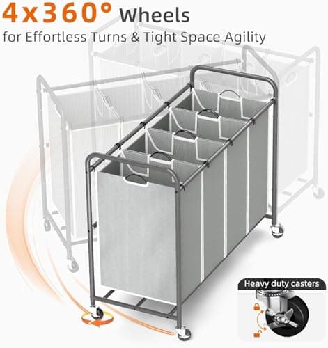 ROMOON Laundry Hamper Sorter Cart: 4-Section Organizer with Heavy-Duty Lockable Wheels and Removable Bags | 172L Rolling Laundry Basket for Dirty Clothes in Laundry Room or Small Spaces (Gray) 6
