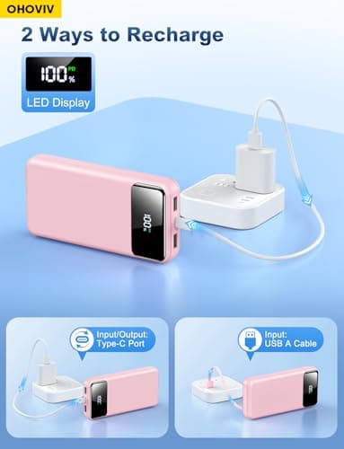 OHOVIV Portable Charger Power Bank 50000mAh Battery Pack, 22.5W Fast Charging PowerBank with Built in Cables,Travel Essential USB-C Portable Phone Charger for iPhone Samsung Pixel Android iPad-Pink 6