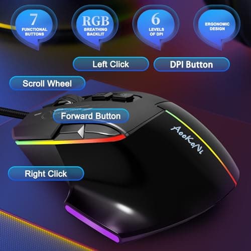 AooKoNi Gaming Mouse, Wired Gaming Mouse with RGB Backlit, 7200DPI Adjustable, PC Gaming Mice with 7 rogrammable Macro Buttonsg, Ergonomic Mouse Gamer for PC, Desktop, Mac，Laptop, Chromebook. 2