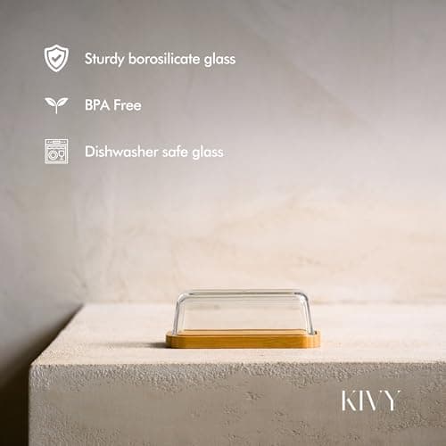 KIVY Glass butter dish with airtight lid that keeps butter soft - For countertop and refrigerator door shelf - Butter tray with lid fridge - Butter holder for counter - Covered butter dishes 8