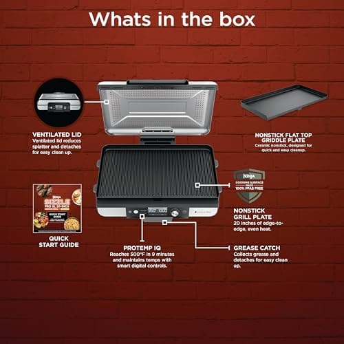 Ninja Sizzle Pro XL 20-Inch Indoor Griddle + Grill, Detachable Ventilated Lid, Grease Control, Ceramic Nonstick Plates, Even Edge Cooking, Extra Large Capacity, Versatile, Silver, GX101 13
