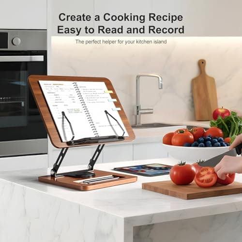 Book Stand for Reading, 360° Rotating Hands Free Book Holder, Adjustable Height and Angle, Page Clip for Cookbook, Recipe, Magazine, Laptop,Tablet, Foldable for Kitchen, Office, School 7