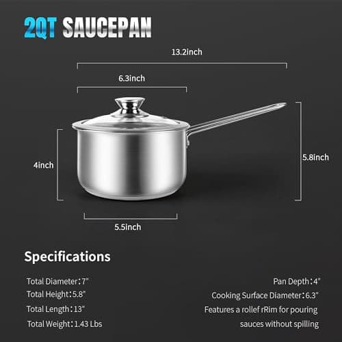 AuFranc® 2 Quart Tri-ply Stainless Steel Saucepan with Glass Lid, Induction Sauce Pan Compatible with All Cooktops, Non-Toxic Sauce Pot with Stay Cool Handle, Oven & Dishwasher Safe (Silver) 2
