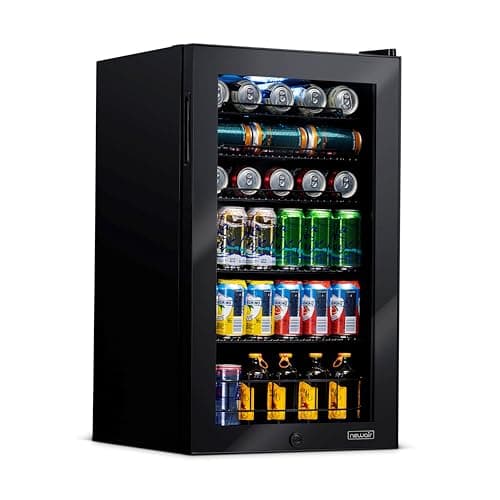 NewAir 126 Can Beverage Refrigerator | Freestanding Small Mini Fridge for Bedroom with Glass Door | Drink Cooler with Adjustable Shelves, Quiet Cooling & Locking Door | Black