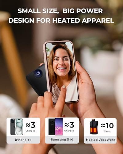 𝟱𝗩 𝟮𝗔 𝟯𝗔 𝟭𝟮𝟬𝟬𝟬𝗺𝗔𝗵 Heated Vest Battery Pack, Rechargeable Power Bank with LED Display, Type-C Input, and Dual USB-A Output for Heated Apparel, Vest, Chair, Blanket, and Jacket up to 12H 5
