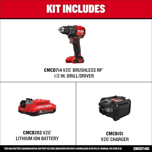CRAFTSMAN V20 BRUSHLESS RP Compact Drill/Driver, Variable Speeed Trigger, Built In LED, Includes Battery and Charger (CMCD714D1) 3