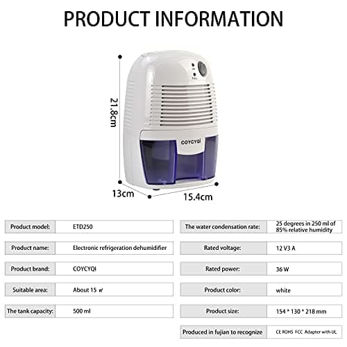 COYCYQI Small Dehumidifier,12V3A adapter，1200 Cubic Feet (215 sq ft) Portable Mini Dehumidifier Quiet Use for High Humidity in Home, Bathroom, Bedroom, Office, Basements, Wardrobe Closet,RV 6