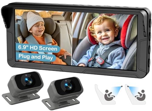 Fodkh Dual Baby Car Camera for 2 Kids – 6.9” Split Screen Ultrawide HD Display with 2 Cameras, IR Night Vision, Easy Installation, Dual Car Camera Baby Monitor for Infant & Toddler Safety