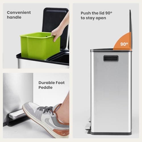 DUMOS Kitchen Trash Can, 2×8-Gallon Garbage Can with Lid, Stainless Steel Trash Bin with 2 Removable Inner Buckets, Soft-Close Foot Pedal, Fingerprint-Resistant for Kitchen Home Office 5