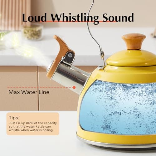 ROCKURWOK Tea Kettle, Tea Pot with Cool Touch Ergonomic Handle, Teapot Food Grade Stainless Steel, Tea Kettle Stovetop, Kettle Teapot, Whistling Tea Kettle, Small Tea Kettles, 1.6 Quart (Yellow) 2