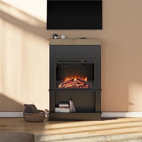 Ameriwood Home Mateo 30 Inch Electric Fireplace with Mantel and Shelf, Replaceable Fireplace Insert Heater, Freestanding, Remote Control, Timer, Realistic Log and Flame Effect, Black 5