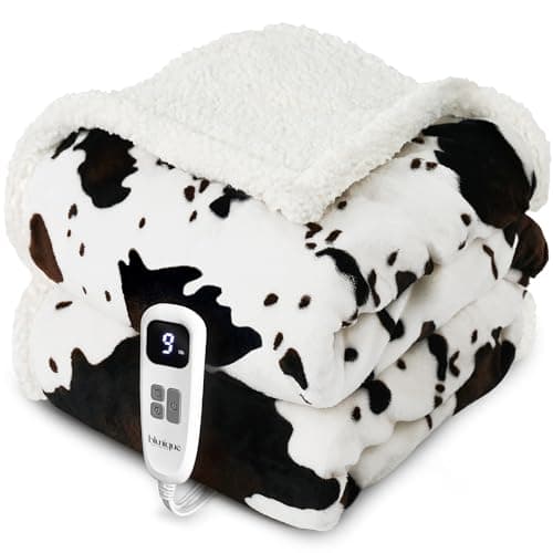 blunique Heated Blanket Twin Blanket - Fast Heating Electric Blanket, Soft Flannel Heated Twin with 4 Time Settings,10 Heating Settings, Warm Gifts for Women & Mom & Grandma(62"x84"Cow Print White)