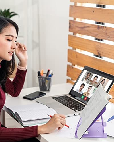 MSDADA Book Stand Metal Reading Rest Book Holder Adjustable Cookbook Documents Holder Portable Sturdy Bookstands for Recipes Textbooks with Page Clips Birthday Gifts for Girls Mom Students(Purple) 5