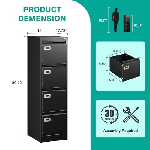 SISESOL 4 Drawer File Cabinet with Lock and Tag,Black Vertical File Cabinet,Narrow Locking Filing Cabinets with Drawers,Metal Filing Storage for Home Office Fit A4 Legal/Letter Size 6