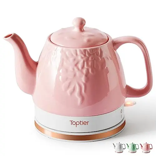 Toptier Electric Ceramic Tea Kettle, Boil Water Quickly and Easily, Detachable Swivel Base & Boil Dry Protection, Carefree Auto Shut Off, 1 L (1 LITER, Light Pink)