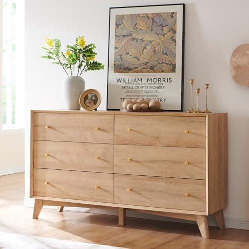 T4TREAM Mid-Century Modern 6 Drawer Dresser, 54" Wide Chest of Drawers, Beveled Profile Design, Wood Drawer Organizer for Bedroom, Living Room, Hallway and Entryway, Natural Oak