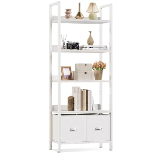 Furologee 5 Tier Bookshelf with Drawers, White Tall Bookcase with Shelves, Wood and Metal Bookshelves Storage Organizer, Modern Display Free Standing Shelf Unit for Bedroom, Living Room, Office