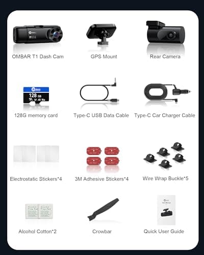 OMBAR T1 4K 3 Channel Dash Cam, STARVIS 2 IMX678 Sensors, Free 128GB Card, 2025 New Full Color HDR Night Vision, 4K+1080P+1080P Triple Car Camera,5G WiFi, 24H Parking Mode, Support 512GB Max 9