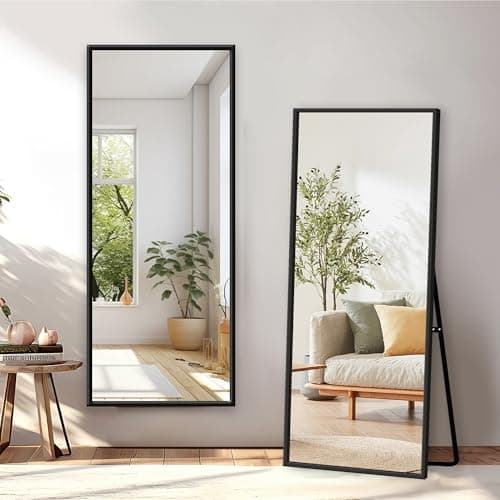 GlasFlength Full Length Mirror with Stand - 56" x 19" Aluminum Alloy Frame Full Body Mirror, Standing Hanging or Leaning Wall Floor Mirror for Bedroom Living Room Dressing Room, Black