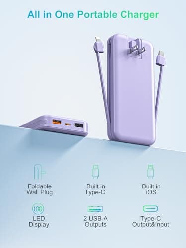 Portable Charger, 12000mAh 22.5W USB C Fast Charging Power Bank with Built-in Cables and AC Wall Plug, Smart LED Display Travel Essentials Battery Pack Compatible with iPhone, iPad, Samsung etc Purple 9