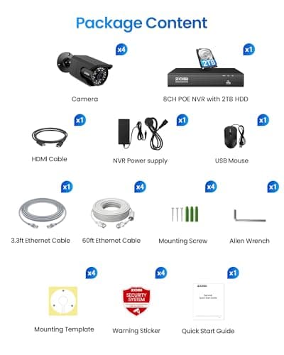 ZOSI 4K 8CH PoE Security Camera System (16CH Expandable), H.265+ 8CH NVR with 2TB HDD for 24/7 Record, 4 x 8MP PoE IP Cameras Outdoor Indoor, Human Detection, One-Way Audio, 100ft IR Night Vision 9