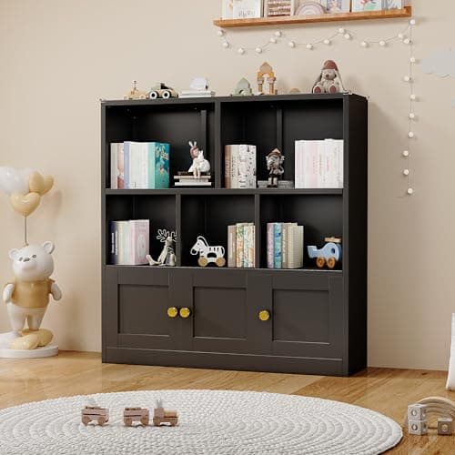 erosoei Kids Bookshelf and Toy Storage Organizer with 3 Cabinet and 5 Open Cubbies，Kids Toys Storage Organizer Shelf with Corner Guard，Multifunctional Floor Chest for Playroom and Kid's Room（Black）