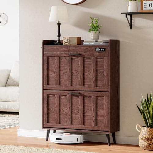 ChooChoo Shoe Storage Cabinet with 2 Flip Drawers, Deodorizing Shoe Organizer Storage for Entryway, Freestanding Hidden Slim Narrow Shoe Rack Cabinet, Walnut 8
