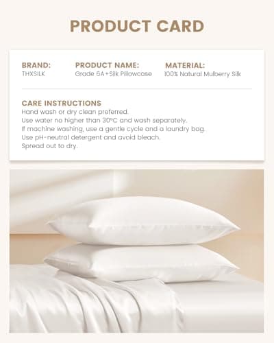 THXSILK 100% Pure Mulberry Silk Pillowcase for Hair and Skin, Highest 6A+ Grade Pure Silk Pillow Case Standard Size, Real Silk Pillowcase with Concealed Zipper(White, Standard) 8