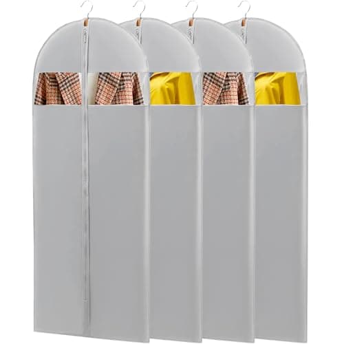 STEPONE Dress Garment Bags for Hanging Clothes, Long 65'' Clear Foldable Dress Bags for Closet Storage and Travel - 4 Pack Gray