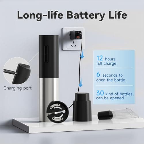 Electric Wine Opener, Automatic Wine Bottle Corkscrew with Air Pump, Foil Cutter, Pourer, Vacuum Stoppers (4PCS)， Professional Easy Rechargeable Vino Opener Set Suitable for Home, Travel 3