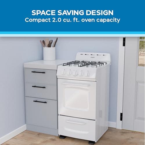 Avanti Gas Range Oven, Compact Freestanding Design, 4 Burners with Electronic Ignition, 2.1 Cu.Ft. Capacity Features Solid Door Storage Drawer Broiler and Accessories, 20-Inch, White 6