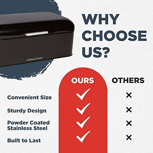 Culinary Couture Extra Large Black Bread Box for Kitchen Countertop - Holds 2 Loaves - 16.5" x 9" x 6.5" - Stainless Steel Vintage Bread Boxes for Kitchen Counters 6