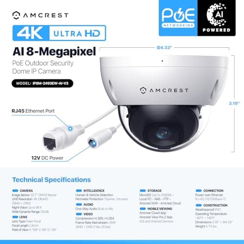 Amcrest UltraHD 4K (8MP) Outdoor Security PoE IP Camera, 3840x2160, 98ft NightVision, 2.8mm Lens, IP67 Weatherproof, IK10 Vandal Resistant Dome, MicroSD Recording, White (IP8M-2493EW-AI-V3) 7
