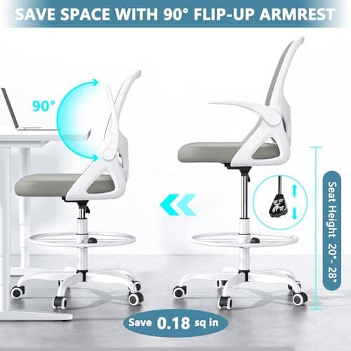 Kensaker Tall Drafting Chair with Footrest Ring for Home and Work, Ergonomic Home Desk Office Chair with Flip up Arms and Lumbar Support, Extended Height Executive Desk Office Chair(Gray) 7