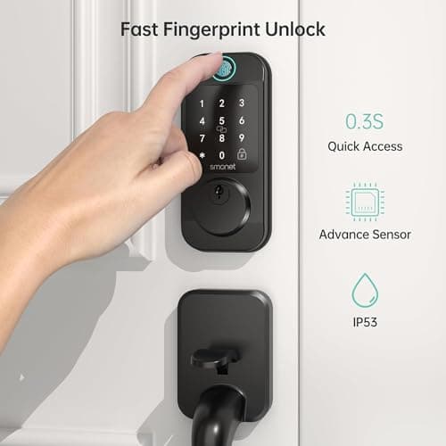 Smart Locks WiFi Deadbolt: SMONET Fingerprint Front Door Lock Keyless Entry with Keypad Electronic Digital Deadbolt Alexa Gateway Remote Control, Bluetooth APP KeyFob Code Auto-Lock for Home, Black 8